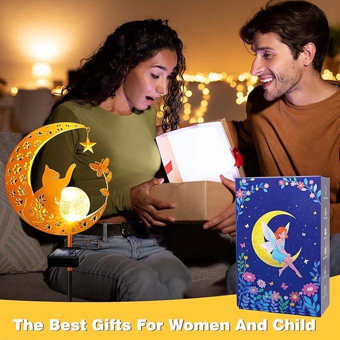 YJFWAL Garden Solar Cat Lights Pathway Stake Lights Glass Globe with Moon Cat Decor, Gifts for Mom Grandma Friends, Outdoor Decor Light Waterproof for Walkway, Yard, Patio or Garden (Warm White)