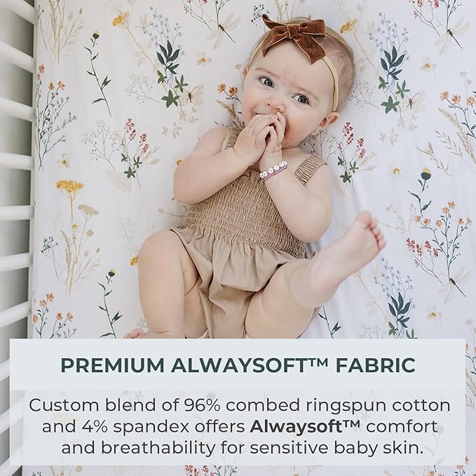Pobibaby - 2 Pack Premium Pack N Play Sheets Fitted for Standard Pack and Plays and Mini Cribs - Ultra-Soft Jersey Knit, Stylish Floral Pattern, Safe and Snug for Baby (Wildflower)