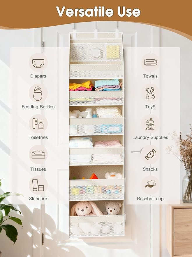 Criusia Over the Door Organizer, 6-Shelf Closet Hanging Storage with 13 Mesh Pockets, 55lbs Capacity Behind the Door Storage for Baby Nursery, Bathroom, Bedroom, and Dorm, Beige