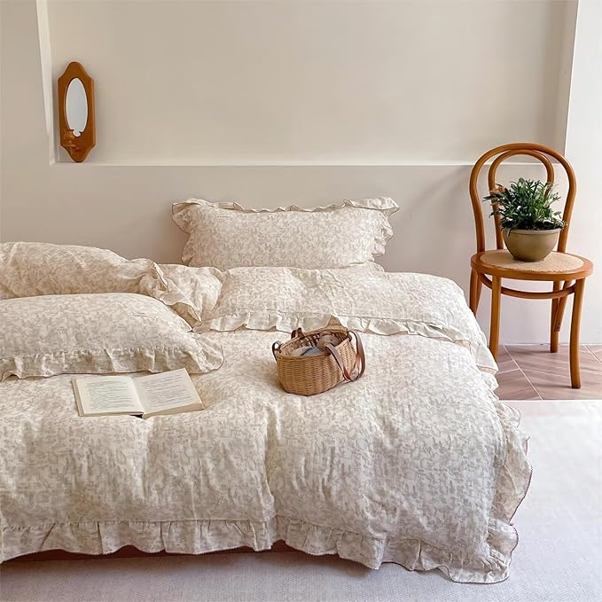 BuLuTu Rabbit Duvet Cover Full Size Kids Duvet Cover 79"x90" Muslin Cotton Quilt Cover with Chic Ruffles, Girls Comforter Cover with Zipper Closure, Machine Wash, All Seasons