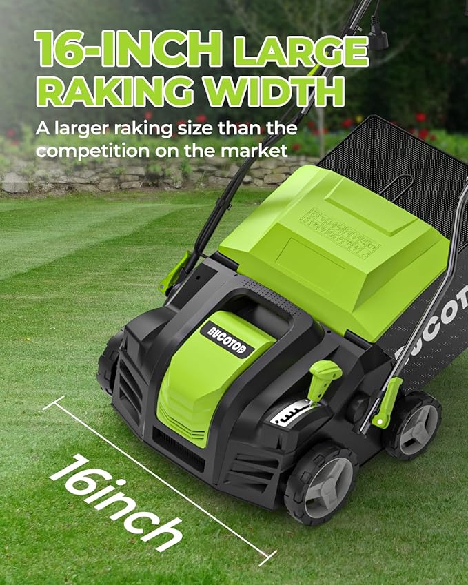 2-in-1 16-Inch Dethatcher & Scarifier Electric Corded, 15 Amp Copper Motor, Electric Lawn Dethatcher with 5-Position Depth Adjustment, 14.5 gal Thatch Bag,Walk Behind for Yard Lawn Garden Care