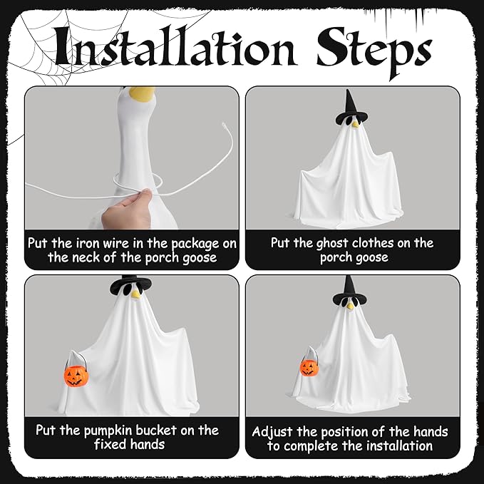 Watayo 2 Pcs/Set Halloween Ghost Porch Goose Outfits, Lawn Goose Statue Ghost Costume, Garden Goose Ghosts Clothes with Pumpkin Bucket for 23" Statue Halloween Fall Outdoor Patio Yard Decoration