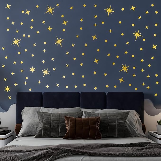 Vintage Gold Star Wall Stickers, 5 Sheets 210 Pcs Decals with Stars & Dots, Peel and Stick Wall Art Sticker, Removable Vinyl Star Wall Decor for Bedroom, Nursery, Ceiling, Party Decorations