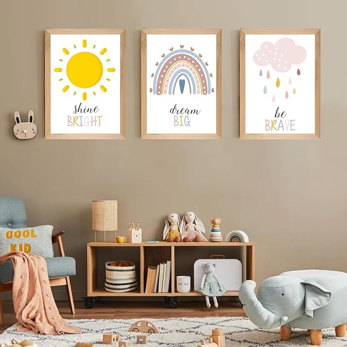Set of 3 Framed Boho Nursery Wall Art Prints Decor,12x16”Rainbow Weather Wall Decor Inspirational Canvas Wall Art Prints Framed Nursery Children Artwork for Kids Playroom Bedroom Decoration
