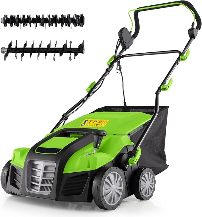 Goplus 2-in-1 Scarifier and Lawn Dethatcher, 16-Inch 15A Corded Electric Dethatcher w/ 14.5-Gal Collection Bag, 3-Position Height Adjustment & 5-Position Depth Adjustment, for Grass Garden Yard