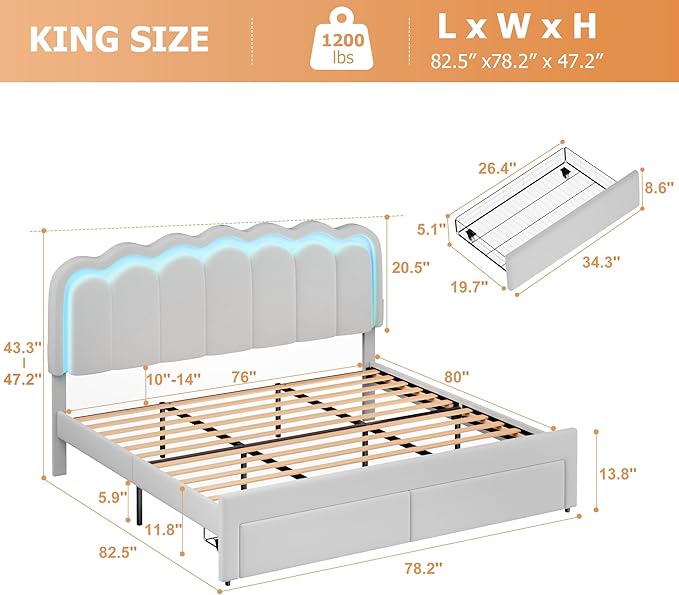 King Upholstered LED Bed Frame with 2 Storage Drawers and Adjustable Chic Double Wavy Headboard, Velvet Princes Platform Bed with Charing Station, Solid Wood Slats Support, No Box Spring Needed, Grey
