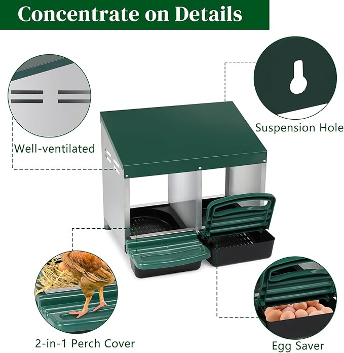 2 Compartment Roll Out Nesting Box for Chickens, Heavy Duty Chicken Coop Nesting Box with Lid Cover to Protect Eggs for Hen, Chicken Laying Boxes Hens Chicken Coop Box