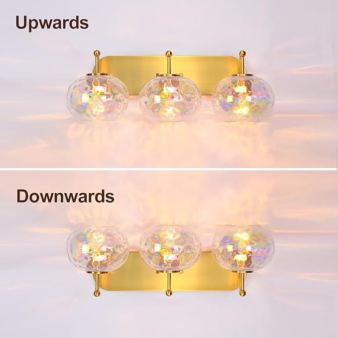 23" Brushed Gold Vanity Light Stained Hammered Glass Wall Sconce 3-Light Brass