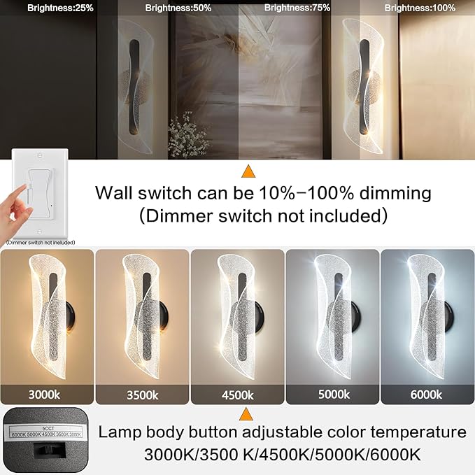 Black Wall Sconce Light Modern Wall Light Fixtures Dimmable LED Wall Lamp