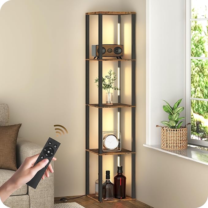64.2" Display Shelf with Light, Modern Corner Floor Lampe with Shelves
