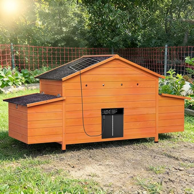 Automatic Chicken Coop with Solar Powered Door, Weather-Resistant Outdoor Chicken House with Timer & Light Sensor, Ventilated Wooden Hen House with 2 Nesting Boxes & Pull-Out Tray for Easy Cleaning