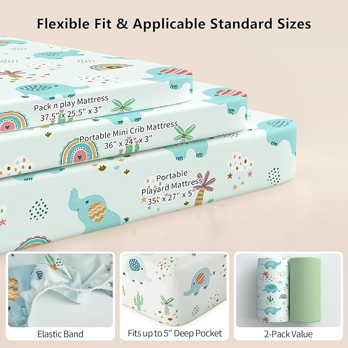 Pack N Play Sheets Fitted, 2-Pack Fit for Standard Pack N Play Mattress, Mini Crib Sheets,Breathable Soft Unisex Playard Sheets (Dumbo & Green)
