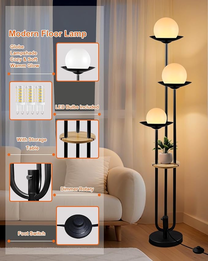63IN Globe Floor Lamp with Table, 3-Lights Modern Dimmable Floor Lamps with