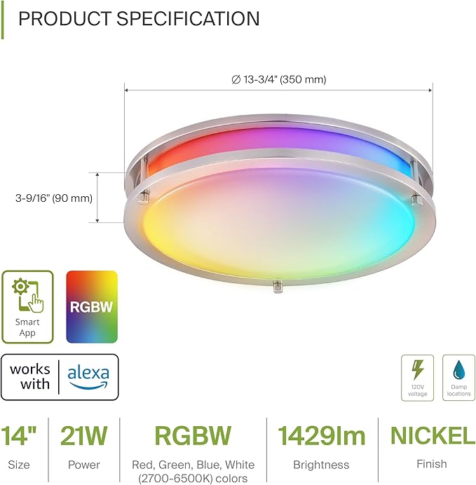 ASD LED 14" Round Flush Mount Lighting, Close to Ceiling Light Fixture | Smart