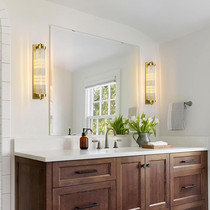 Gold Wall Sconces with Crystal Glass Strip Bathroom Sconces 2 Light E12 Base
