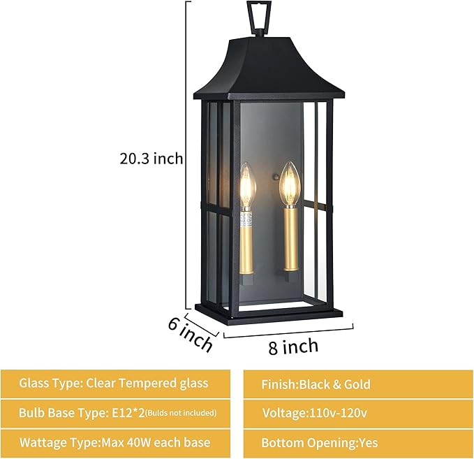 Outdoor Wall Sconce, 20.3" 2-Light in Black