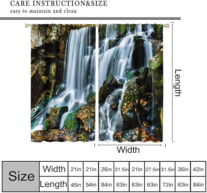 Waterfall Blackout Window Curtains, Forest Nature Landscape Theme Pattern Print Window Drapes, for Living Room Bedroom 72" W X 63" L