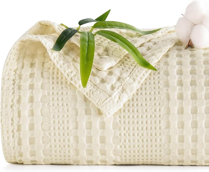 PHF Cooling Waffle Blanket Queen Size, Lightweight 60% Rayon Derived from Bamboo & 40% Cotton Breathable Blanket for Hot Sleepers, Soft and Luxury for Bed Couch and Sofa, 90"x90", Ivory