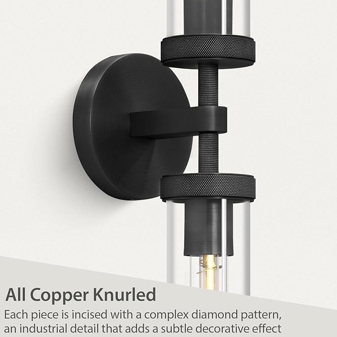 Modern 2-Light Black 30in Knurled Wall Sconces, Double Glass Sconces Wall