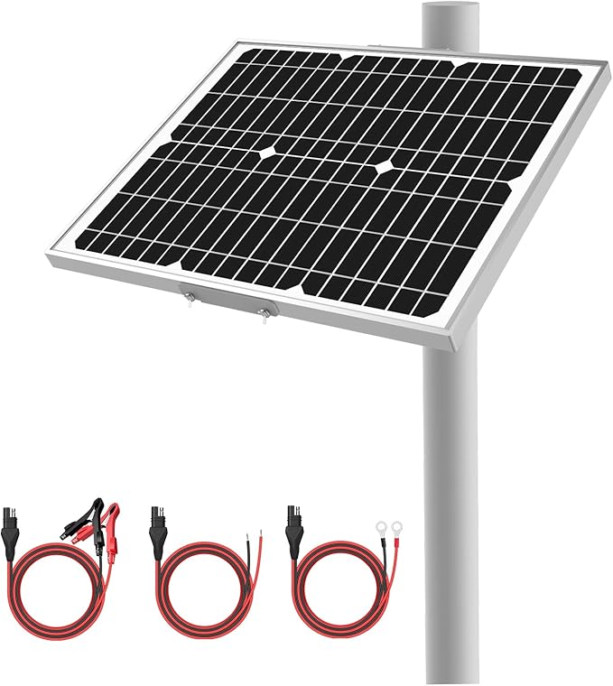 12V Waterproof Solar Battery Trickle Charger & Maintainer - 20 Watts Mono Solar Panel Built-in Intelligent MPPT Charge Controller + Adjustable Mount Brackets for Pole Dia 1.5-3.0inch/40-80mm