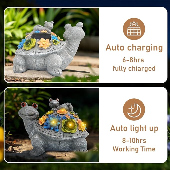 J.CARP Outdoor Solar Garden Turtle Statue with Succulents and 7 LED Lights for Garden, Patio, Lawn, Outdoor Patio and Deck Decorations, Unique Housewarming Gifts