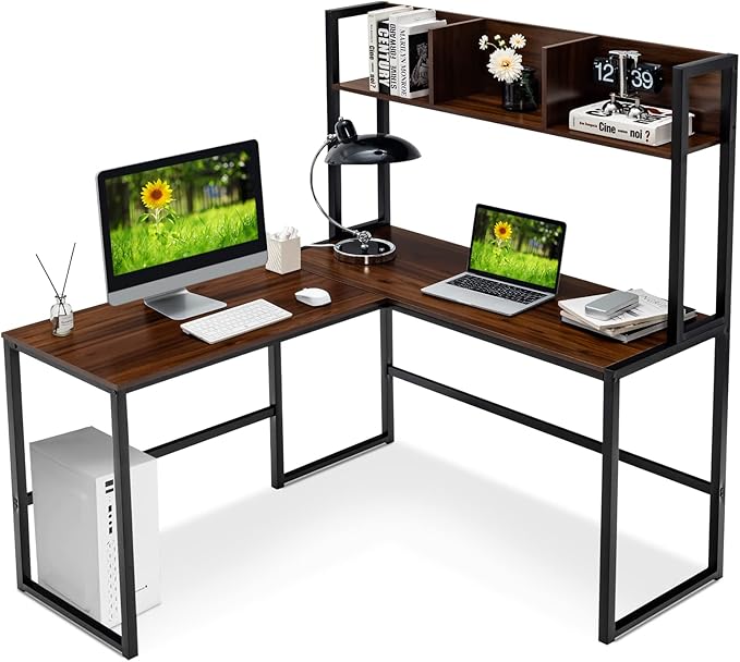 Tangkula Reversible L-Shaped Desk with Hutch, Space Saving Corner Computer Desk with Storage Shelves, Home Office Study Writing Desk Computer Workstation with Storage Bookshelf, Gaming Desk