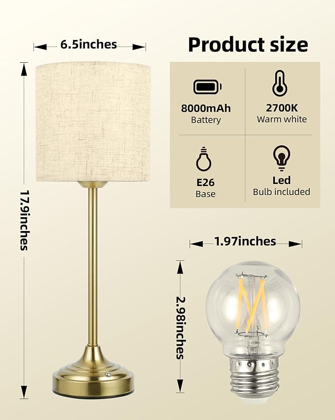 Cordless Table Lamp, Ambient Light, Touch Control, Rechargeable, Battery