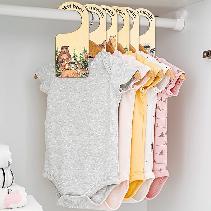 Whaline 8Pcs Woodland Design Hanging Wooden Baby Closet Size Dividers and Organizer - Newborn to 24 Months - Thicken Wardrobe Organizer for Home Nursery Clothes Decor