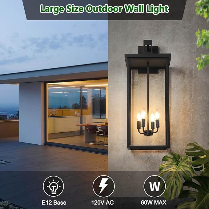 tewei 30In Large Size Square Outdoor Wall Lantern, Modern Black Outside Light