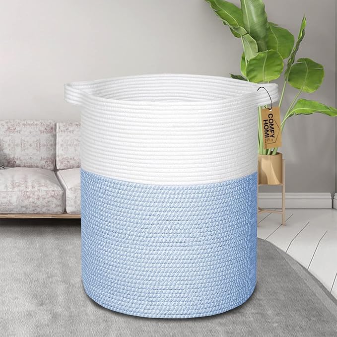 COMFY-HOMI XXL Large Laundry Basket with Handles Blanket Baskets Living Room|Woven Cotton Rope Decorative Basket Laundry Hamper Baby Basket Nursery Dog Toy Storage Organizer Bin-16”x18”-White/Blue