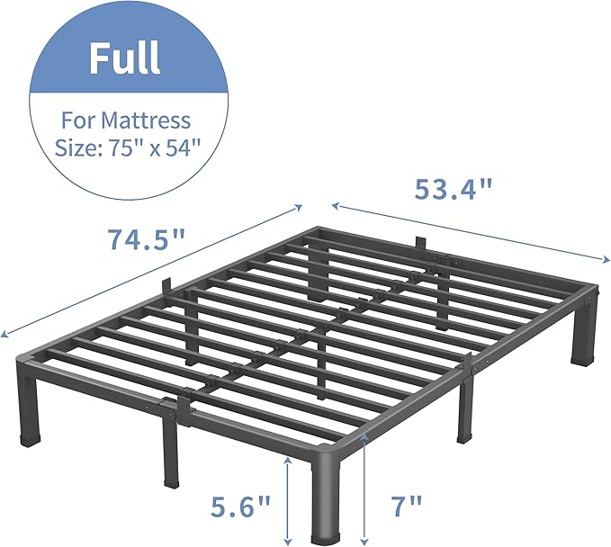 7 Inch Full Size Bed Frame, 3500Lbs Heavy Duty Metal Platform with Round Corner Legs Mattress Slide Stopper, Steel Slat Support No Box Spring Needed, Noise Free, Non-Slip, Easy Assembly