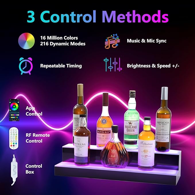 Led Lighted Liquor Bottle Display Shelf, 24 Inch 2 Tier Whiskey Rack, Support
