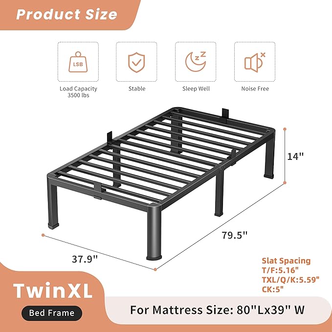 14 Inch Twin XL Heavy Duty 3500 lbs Bed Frame with Round-Corner Legs & Anti-Squeak Design – Quick Assembly Metal Platform, No Box Spring Needed