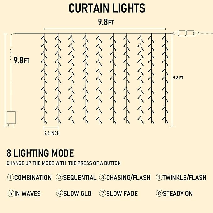 Dazzle Bright 300 LED Curtain String Lights, Christmas Fairy Lights