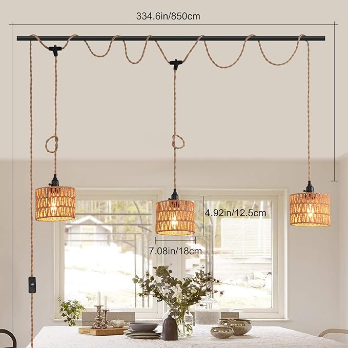 3-Light Hanging Light with Plug in Cord, Plug in Pendant Light 22ft Hemp Rope