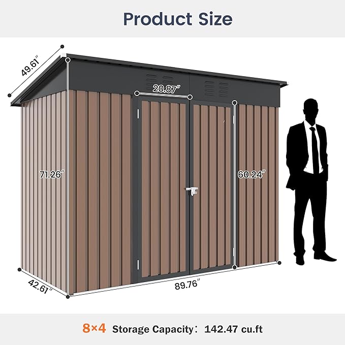UDPATIO Outdoor Storage Shed 8x4 FT, Outside Sheds & Outdoor Storage Metal Galvanized Steel Yard, Patio, Lawn, Tool Shed with Lockable Door for Can, Bike, Lawnmower, Generator,Brown