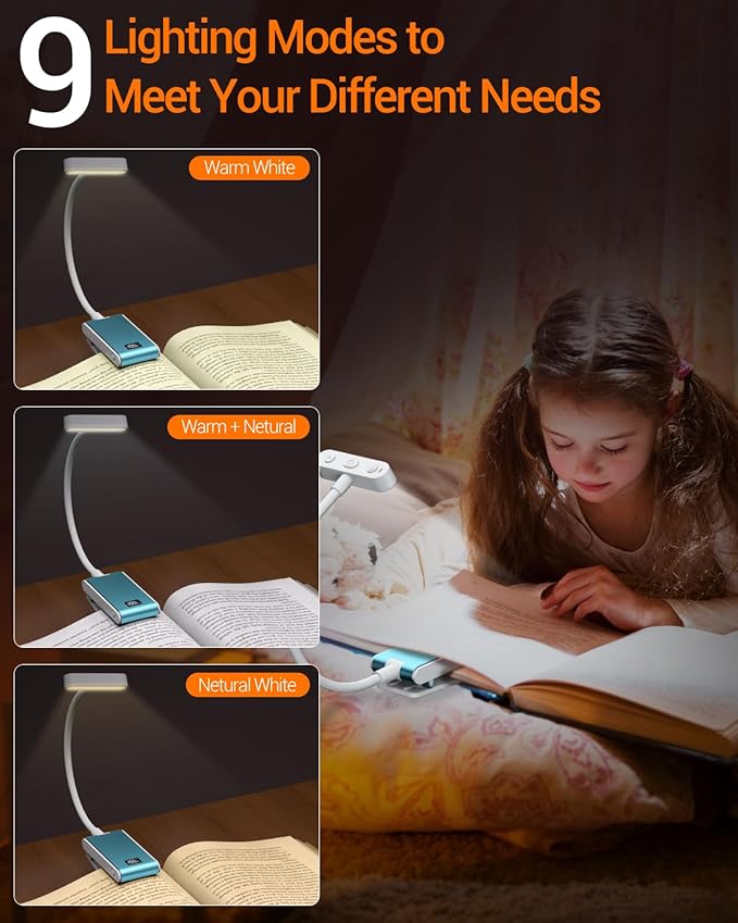 Rechargeable Book Light for Reading at Night in Bed, Clip On Reading Light