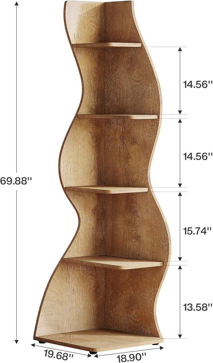 Tribesigns Wavy Corner Shelf, Modern 5-Tier Bookshelf Bookcase with Curvy Shape, Unique Plant Stand Display Rack for Living Room Small Space (Light Brown)