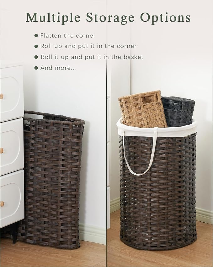 Laundry Basket with Lid Round Rattan Laundry Hamper with Lid and Handles 29.1 Gal (110 L) Handwoven Woven Basket with Removable Bags and 2 Mesh Bags for Bathroom Living Room Brown