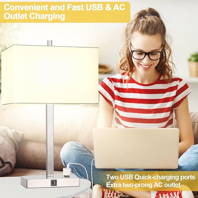 21" Touch Bedside lamps with 2 USB & AC Outlets, 3-Way Dimmable Bedside Table