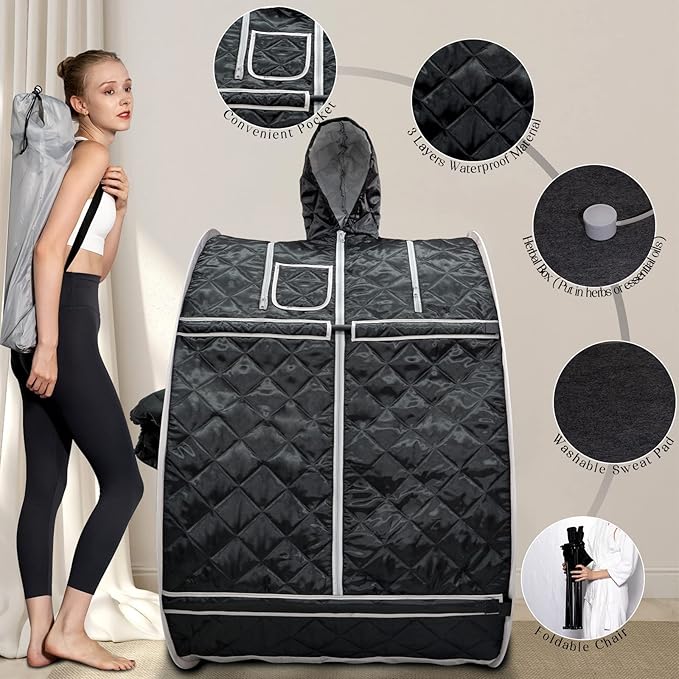Smartmak Full Body Home Steam Sauna Kit, Portable Lightweight Personal Spa Saunas, 2L&900W Steam Generator with Protection & Remote Control, Foldable Chair Included for Relaxation-BlackGrey