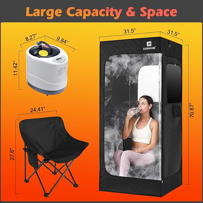 COSVALVE Portable Steam Sauna Box with Red Light for Home with 1200W 3L Steamer, Comfort Folding Chair, Indoor at Home Sauna Tent, Personal Steam Room for Relaxation, 2.6' x 2.6' x 5.9', Black