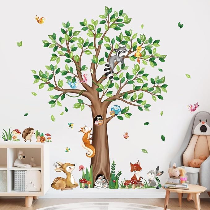decalmile Woodland Animals Large Tree Wall Stickers Bear Fox Deer Wall Decals Baby Nursery Kids Bedroom Toddler Room Wall Decor (H:135cm/53Inches)