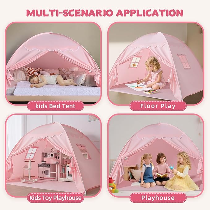 Sumbababy Toddler Bed Tent Canopy: Lights & Flags Indoor Floor Kids Play Tent Playhouse - Portable & Foldable Twin Bunk Bed Curtains - Twin Bed Tent for Girls Gifts (Pink)
