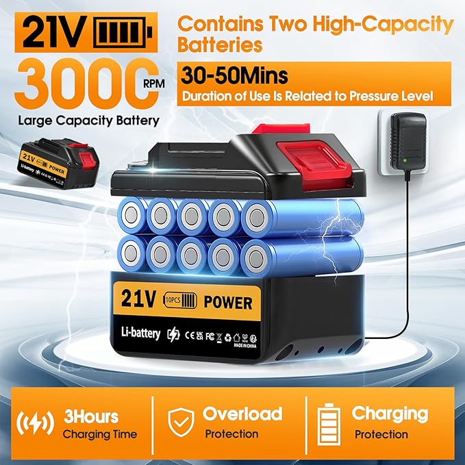 Cordless Pressure Washer Battery Powered, 130Bar/1885PSI Cordless Power Washer with 3.0Ah Battery&Charger&6-in-1 Nozzle, Handheld Pressure Washer Cleaner Portable Power Washer Kit for Car/Garden/Home