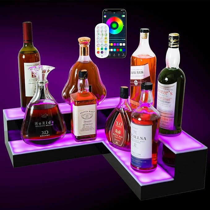 Corner Led Lighted Liquor Bottle Display Shelf, 20 Inch 2 Tier Whiskey Rack