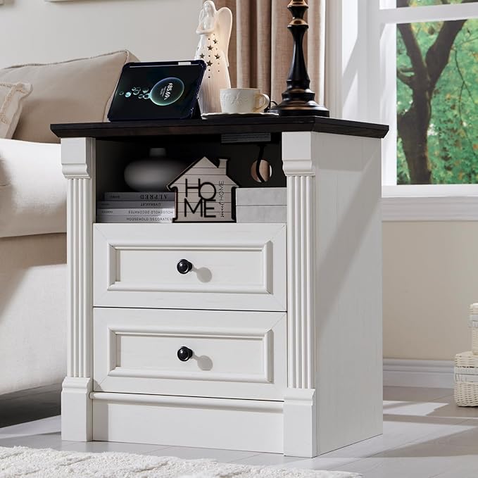 26" Tall 2 Drawers Dresser for Bedroom, Farmhouse 23.6" Wide Large Nightstand with Charging Station, Wood Rustic Side Table w/Roman Column, End Table for Bedroom, Living Room, White