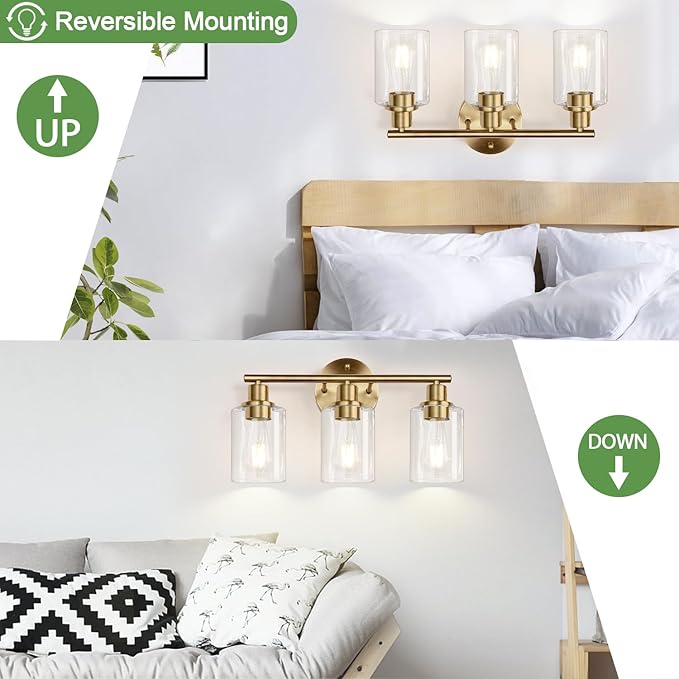 3-Light Bathroom Light Fixtures, Brushed Brass Bathroom Wall Lights