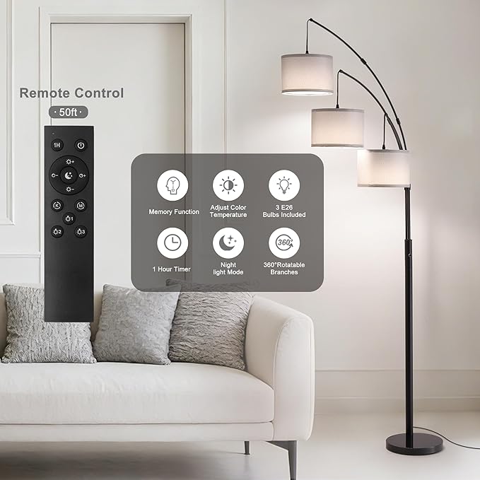 Floor lamp with Remote, 3 Light Arc Floor Lamps