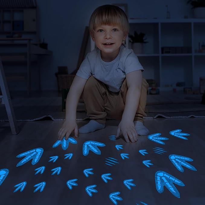 Glow in The Dark Dinosaur Footprints Wall Decals, Peel and Stick Cute Dino Track Stickers for Kids, Removable Dinosaur Wall Stickers for Baby Nursery Bedroom (Blue)